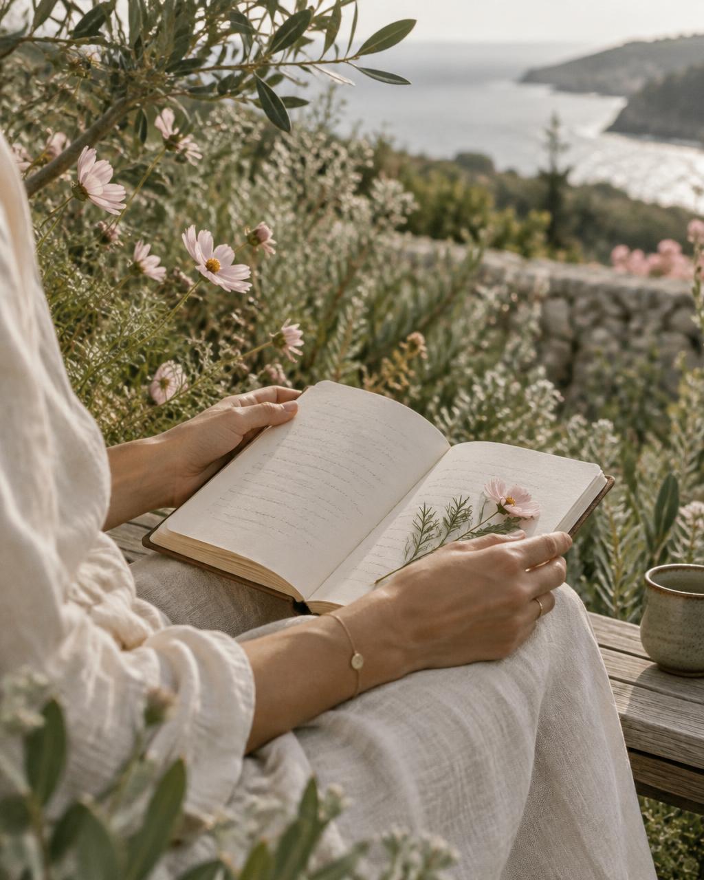Quiet reflection with a journal and fresh wildflowers beside the sea